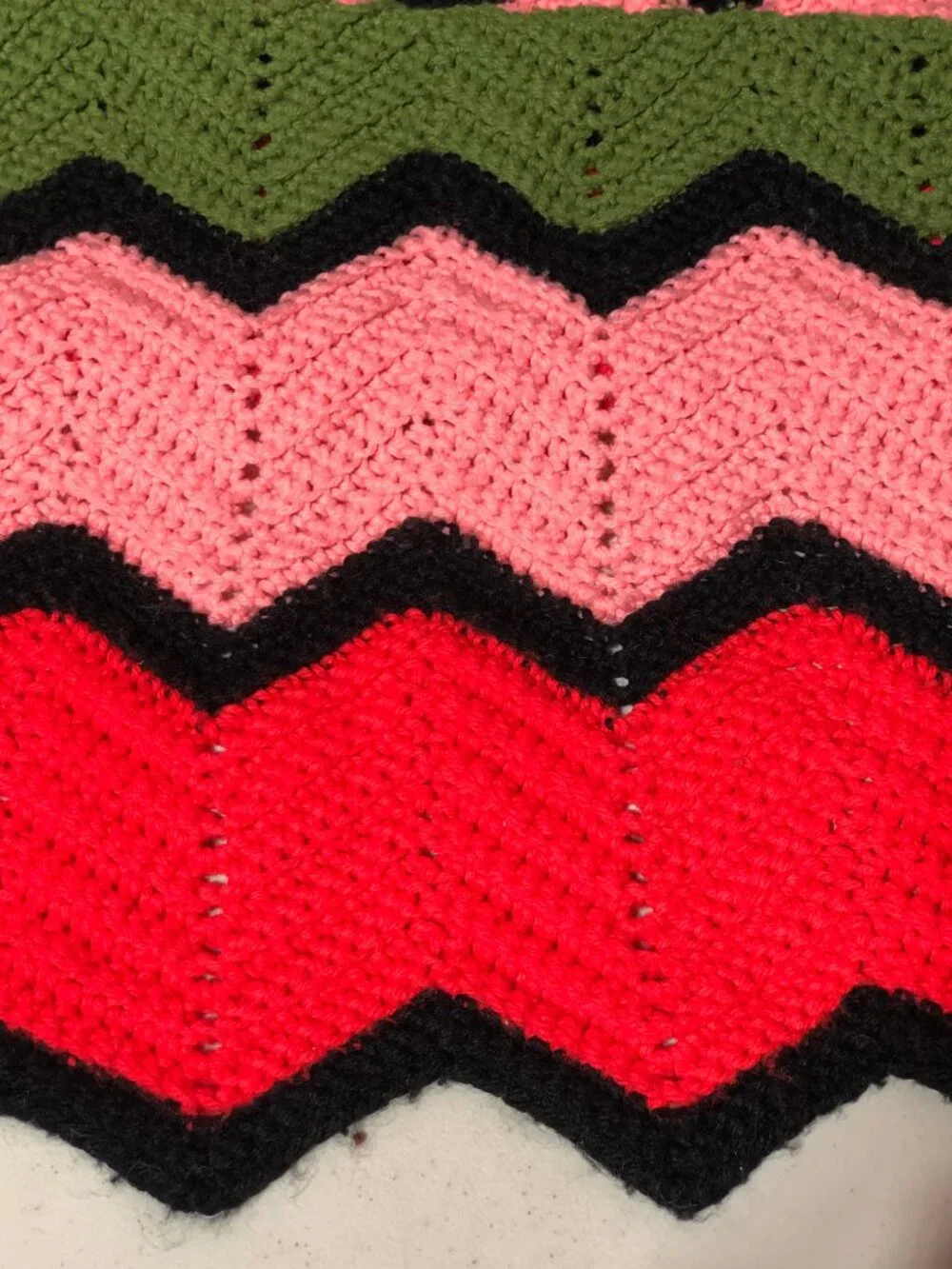 Vintage 70s Crochet Chevron Afghan Blanket Retro Pink Green Boho Throw MCM 86x36